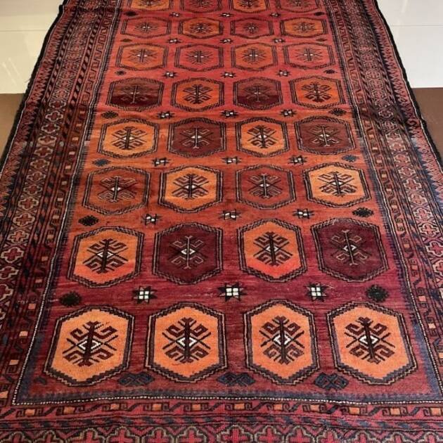 El dokuma turuncu halı geleneksel göl motifli 185x350